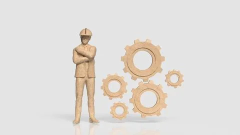 Construction Engineer with Wooden Gears Representing Industrial Teamwork 3d.. Stock Illustration