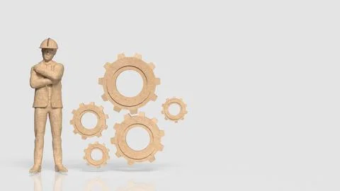 Construction Engineer with Wooden Gears Representing Industrial Teamwork 3d.. Stock Illustration