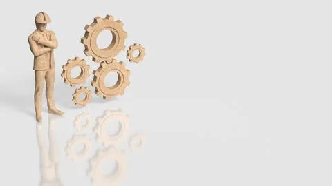Construction Engineer with Wooden Gears Representing Industrial Teamwork 3d.. Stock Illustration