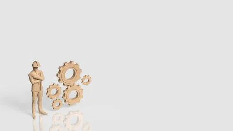 Construction Engineer with Wooden Gears Representing Industrial Teamwork 3d.. Stock Illustration