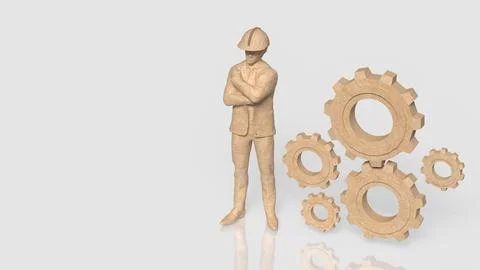 Construction Engineer with Wooden Gears Representing Industrial Teamwork 3d.. Stock Illustration