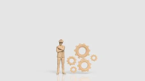 Construction Engineer with Wooden Gears Representing Industrial Teamwork 3d.. Stock Illustration
