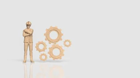 Construction Engineer with Wooden Gears Representing Industrial Teamwork 3d.. Stock Illustration