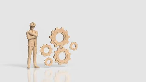 Construction Engineer with Wooden Gears Representing Industrial Teamwork 3d.. Stock Illustration