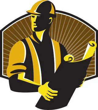 Construction Engineer Worker Building Plan Retro. Stock Illustration