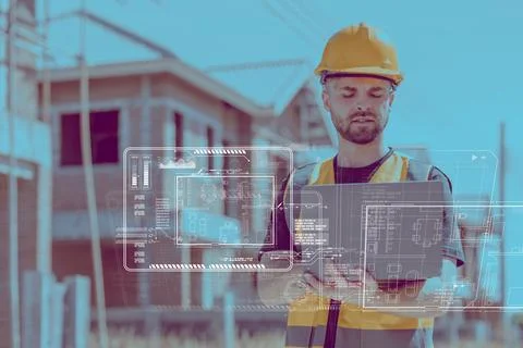Construction engineer worker using modern innovation computer technology fo.. Stock Photos