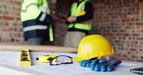 Construction, engineering and tools with helmet on table for development, team Stock Footage 336800170