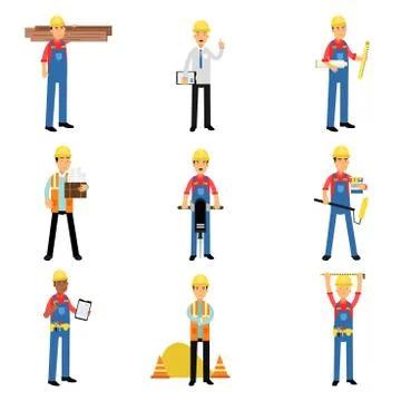 Construction engineering industrial workers characters working with building Ilustración de archivo