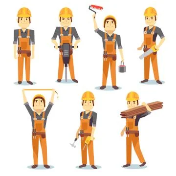Construction engineering industrial workers working with building tools and Stock Illustration