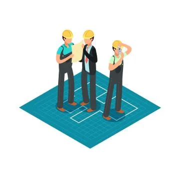 Construction engineers and builders in yellow safety helmets. 3d isometric Stock Illustration