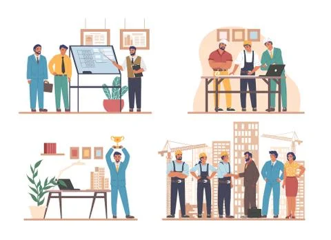 Construction engineers, architects, builder workers, flat vector illustration Stock Illustration