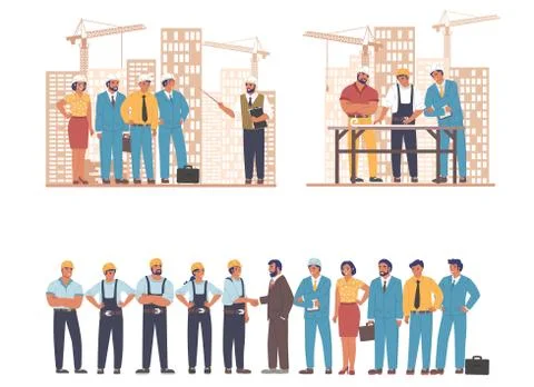 Construction engineers, architects, builder workers, flat vector illustration Stock Illustration