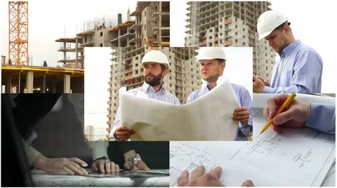Construction engineers at construction site. Collage Stock Footage 68362605
