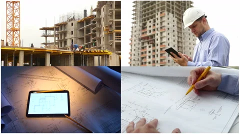 Construction engineers at construction site. Collage Stock Footage 68362607