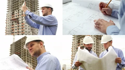 Construction engineers at construction site. Collage Stock Footage 68362613