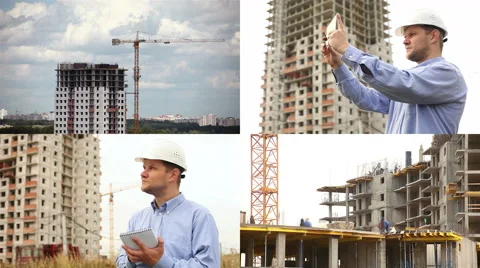 Construction engineers at construction site. Collage Stock Footage 68362686