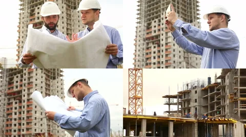 Construction engineers at construction site. Collage Stock Footage 68362705