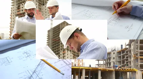 Construction engineers at construction site. Collage Stock Footage 68362742