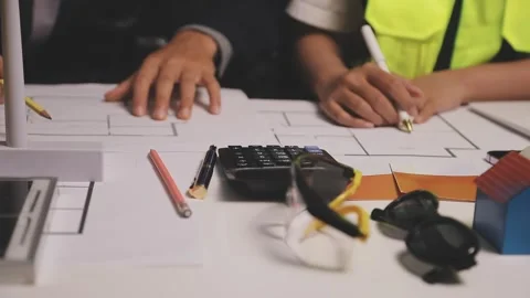 Construction engineers discussing project in office Stock Footage 331670477