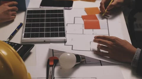Construction engineers discussing project in office Stock Footage 331671061