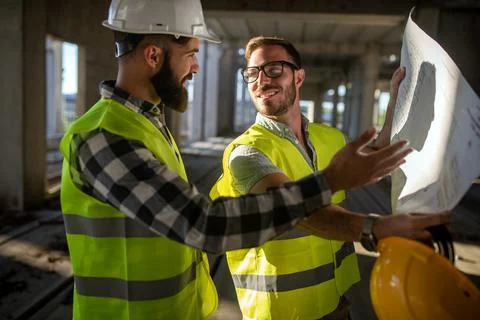Construction engineers discussion with architects at construction or building Fotos de archivo
