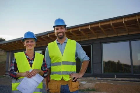Construction engineers or architects with blueprints visiting eco building site Fotos de archivo