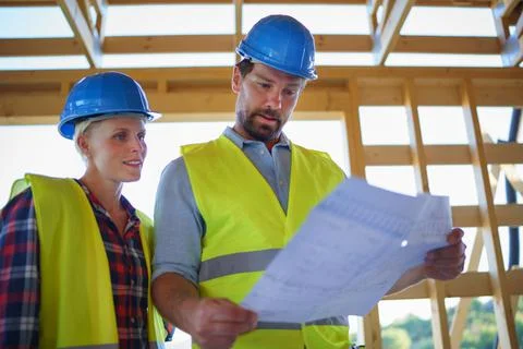 Construction engineers or architects with blueprints checking eco building site Fotos de archivo