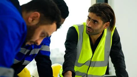 Construction engineers team using blueprint of project plan brainstorming Stock Photos