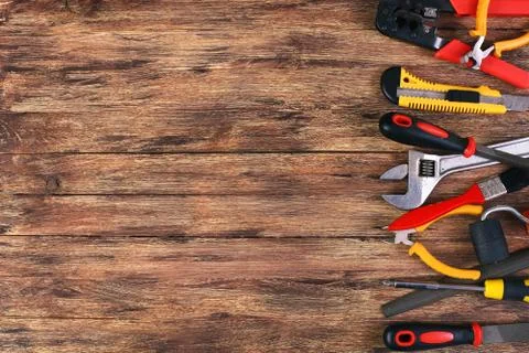Construction Equipment and copy space on the Wood Stock Photos