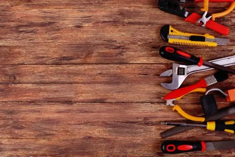Construction Equipment and copy space on the Wood Stock Photos