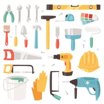Construction equipment constructive tools of builder or constructor with hammer Ilustración de archivo