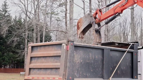 Construction equipment digs soil loads it into truck at outdoor site Stock Footage 337497151