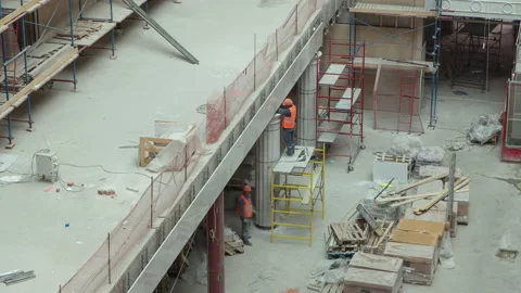 Construction equipment material with scaffolding and tools inside the floor of Video stock 192343829