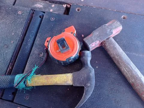 Construction equipment. meter and hammer Stock Photos