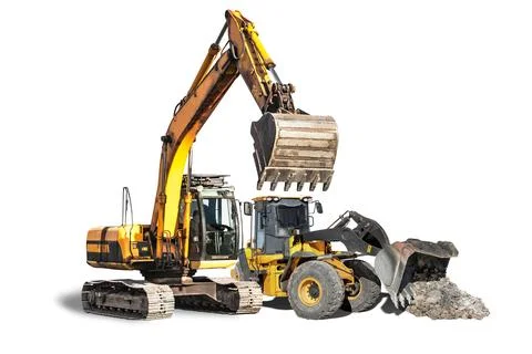 Construction equipment ready for use in isolated site for rent contract work 库存照片