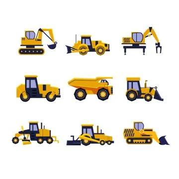 Construction Equipment Road Roller, Excavator, Bulldozer and Tractor. Car Flat Stock Illustration