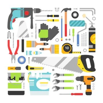 Construction equipment tools flat icons set Stock Illustration