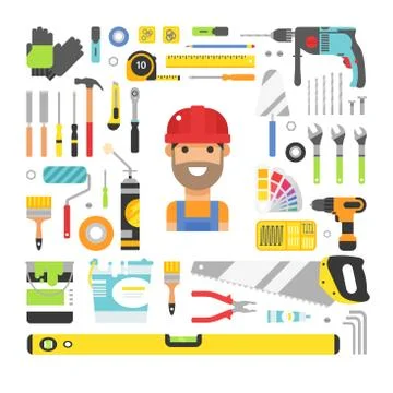 Construction equipment tools flat icons set Stock Illustration