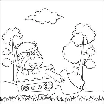 Construction equipments cartoon vector with cute animal on tractor. Stock Illustration