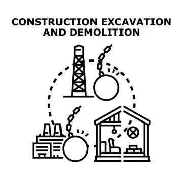 Construction excavation and demolition process concept illustration 스톡 일러스트