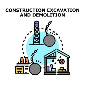 Construction excavation and demolition process concept illustration 스톡 일러스트