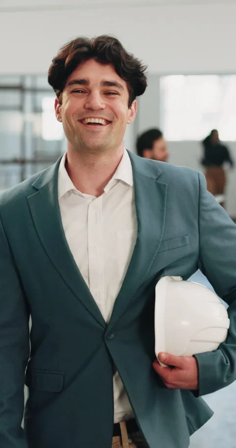 Construction, face and architect with hardhat, site planner and about us in Stock Footage 342090680