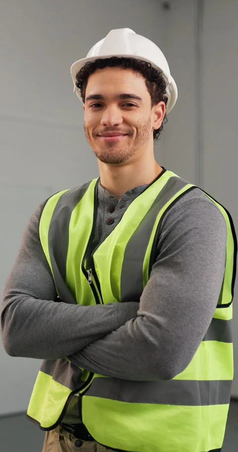 Construction, face and happy man with arms crossed, site manager and pride as Stock Footage 347257840