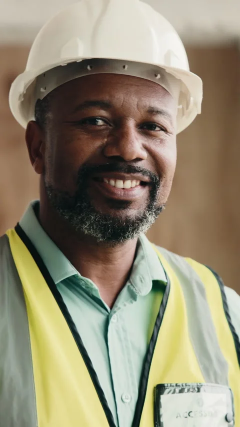 Construction, face and hardhat with black man on worksite for architecture or Stock Footage 337988911