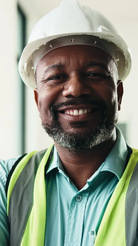 Construction, face and helmet with black man on worksite for architecture or Stock Footage 337989084