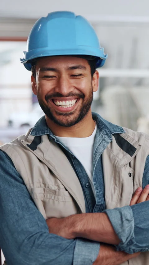 Construction, face and man with arms crossed, site planner and about us in Stock Footage 342311495