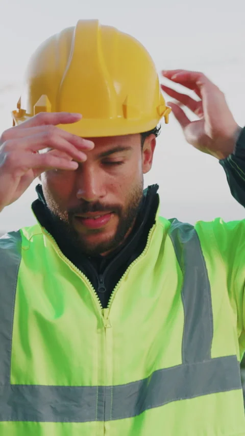 Construction, face and man outdoor with helmet, contractor and about us in Stock Footage 346949734