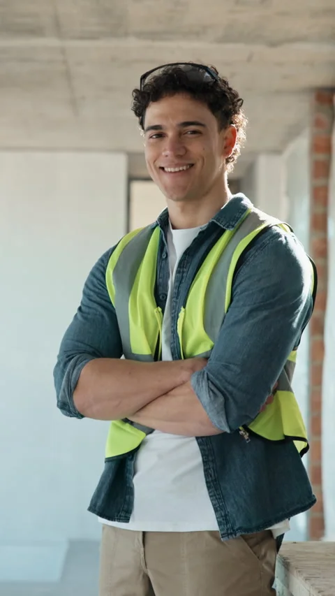 Construction, face and man on site with arms crossed, contractor and pride in Stock Footage 343490470