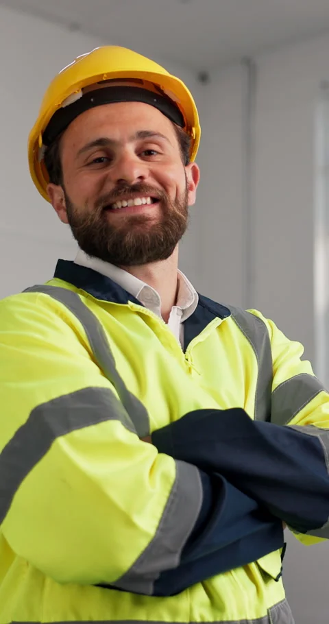 Construction, face and man on site with arms crossed, contractor and ambition in Stock Footage 347258131
