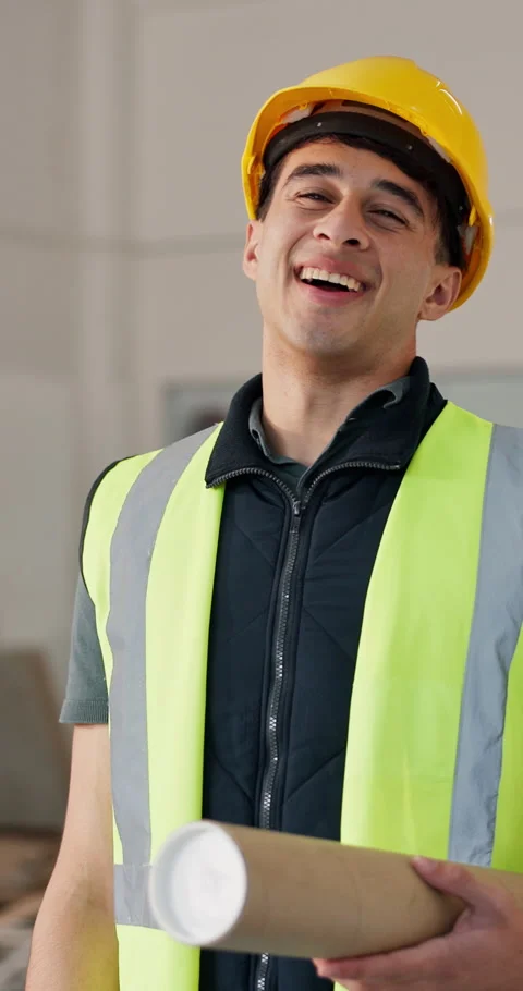 Construction, face and man on site with blueprint, contractor and ambition in Stock Footage 347407559